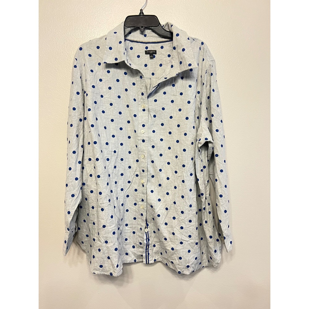 Talbots Woman Blue Polka Dot Button Down Shirt 3X Long Sleeve Preppy Casual